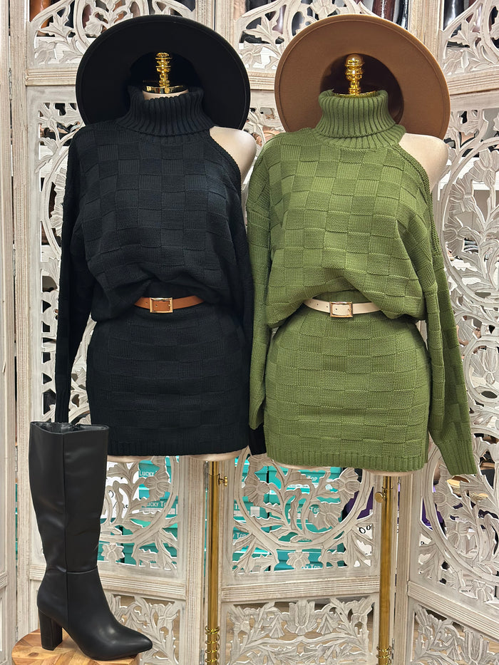 Checkered Shoulder Cutout  Sweater Set- Stretchy,Estira