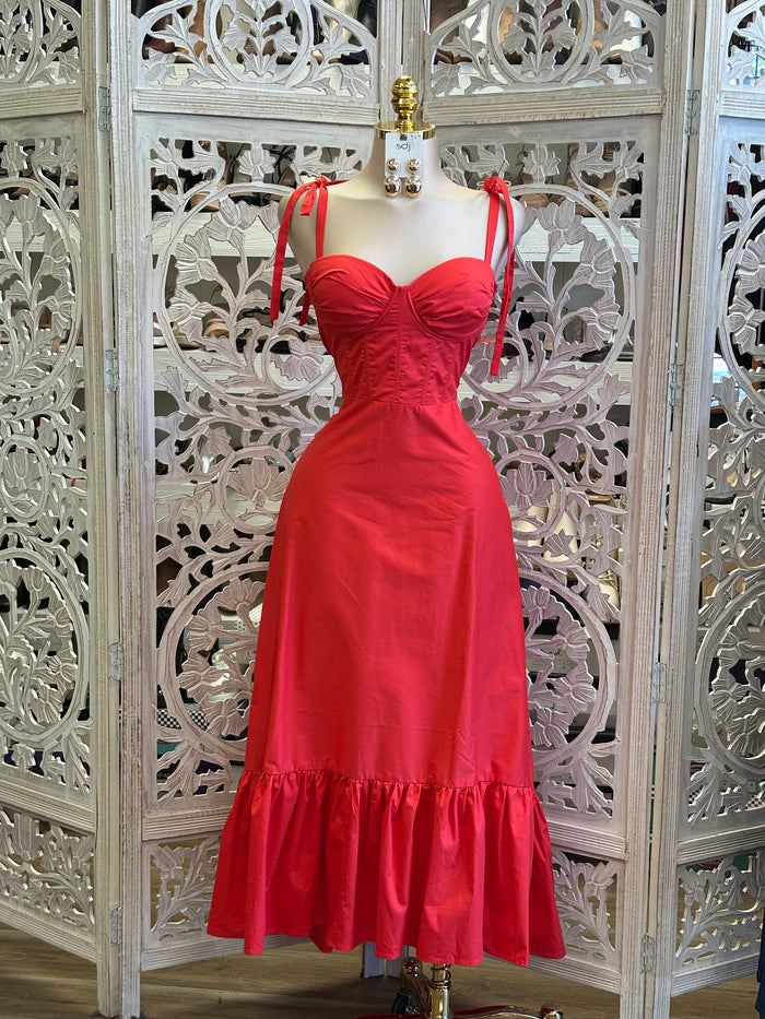 Cherry Corset Lined Midi Dress -Slightly Stretchy, Estira Poco