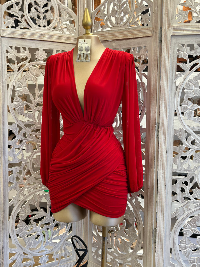 Cherry Red Deep V Mini Wrapped Dress