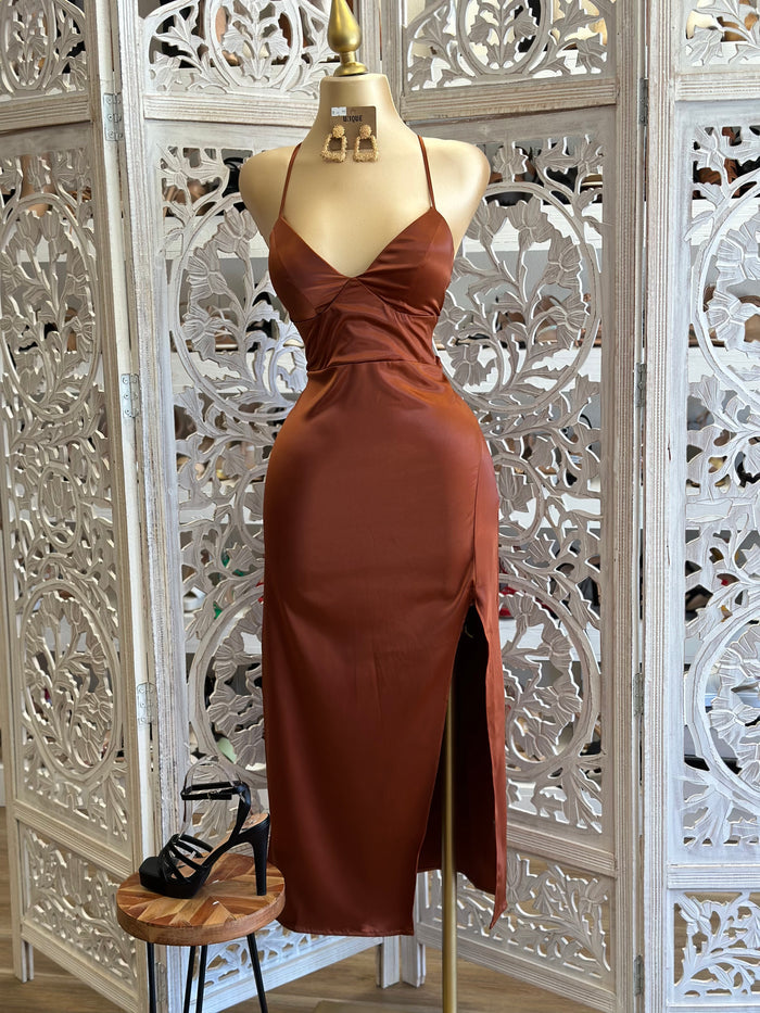 Coffee Brown Satin Tie Back Dress