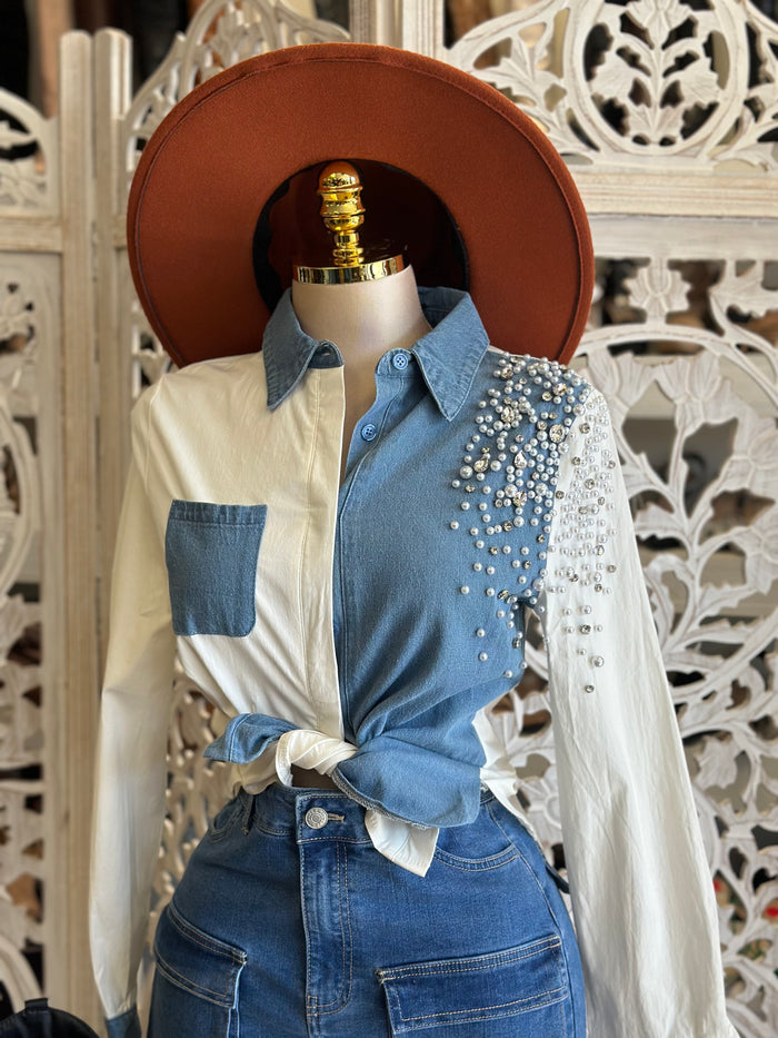 Colorblock Denim Pearl Blouse- Not Stretchy,No Estira