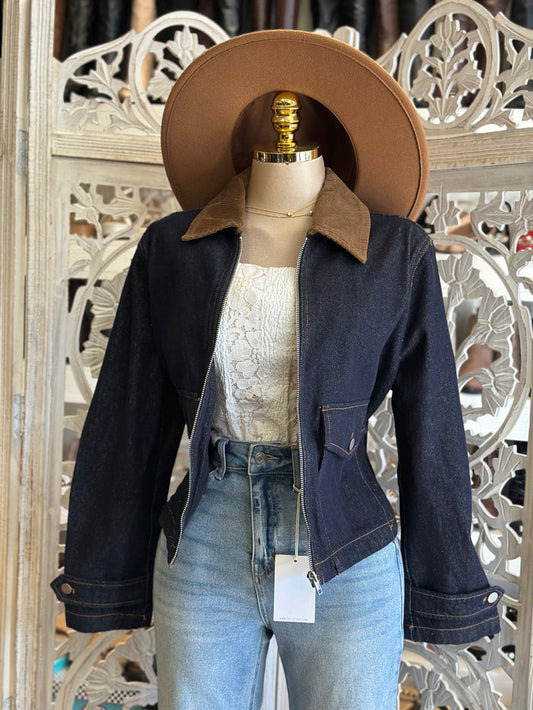 Corduroy Neck Denim Cropped Jacket