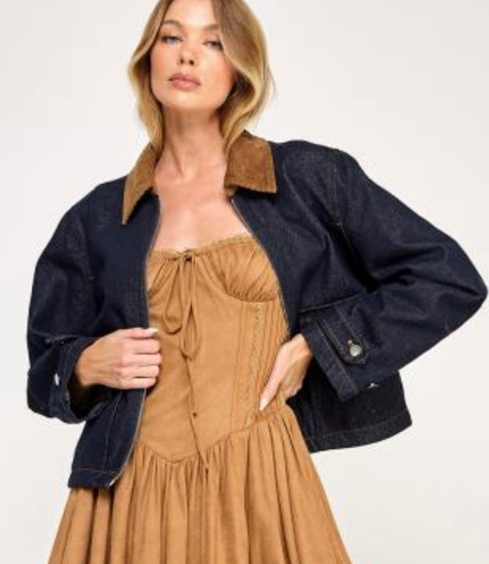 Corduroy Neck Denim Cropped Jacket