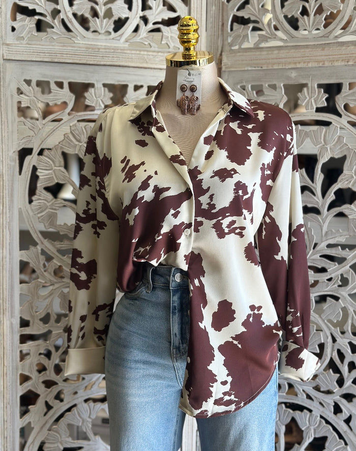 Cow Print Western Blouse- Estira, Stretchy