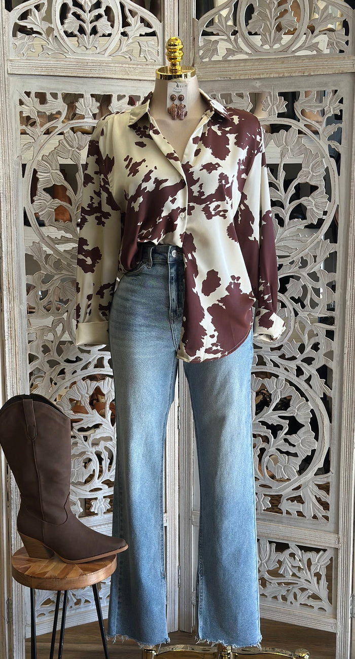 Cow Print Western Blouse- Estira, Stretchy