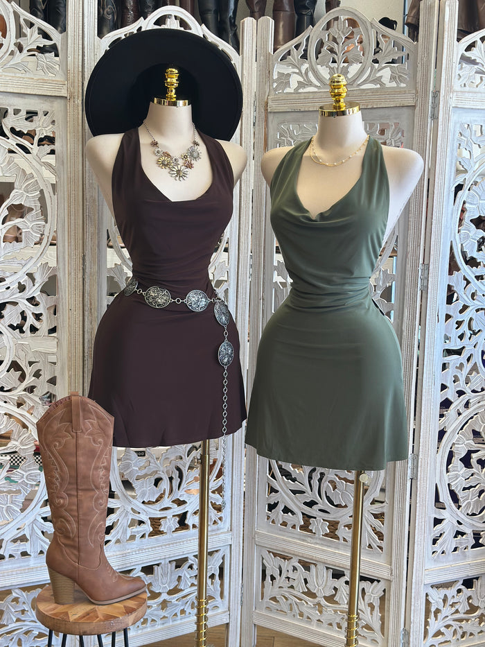 Cowl Neck Backless Mini Dress - Estira, Stretchy