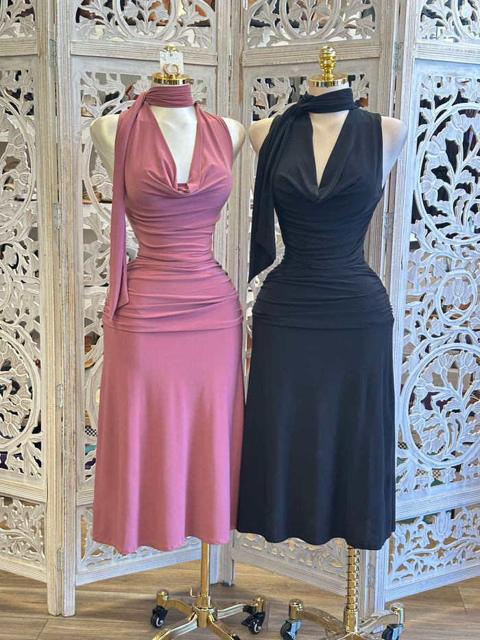Cowl Neck Evening Dress- Estira, Stretchy
