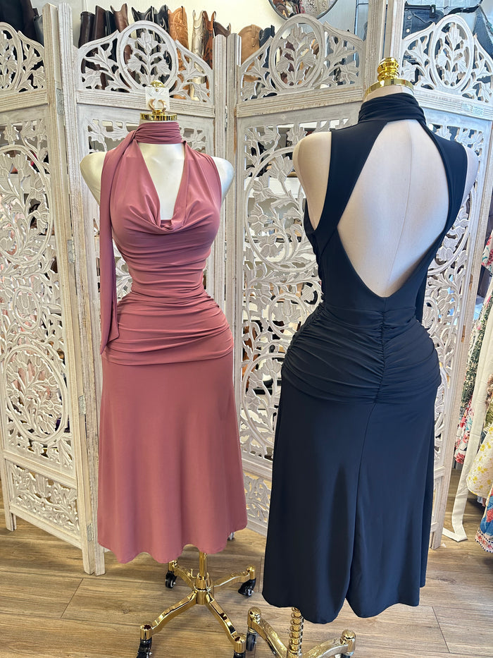 Cowl Neck Evening Dress- Estira, Stretchy