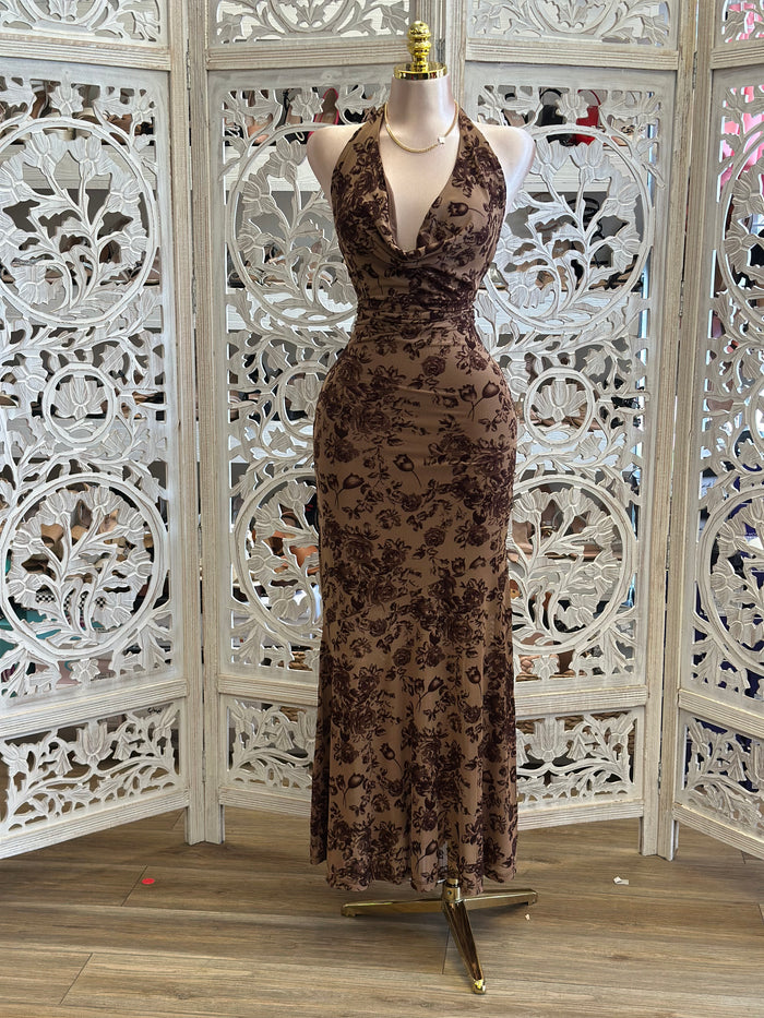 Cowl Neck  Floral Brown Dress- Stretchy, Estira