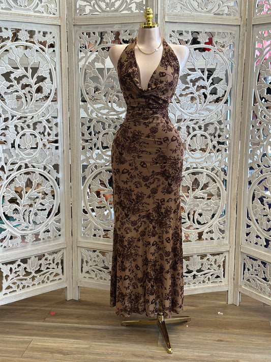 Cowl Neck  Floral Brown Dress- Stretchy, Estira
