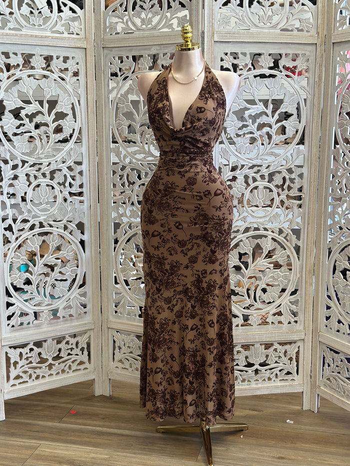 Cowl Neck  Floral Brown Dress- Stretchy, Estira