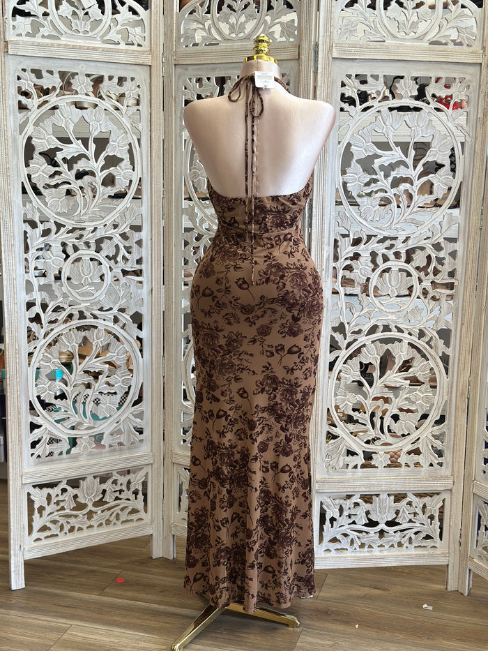 Cowl Neck  Floral Brown Dress- Stretchy, Estira