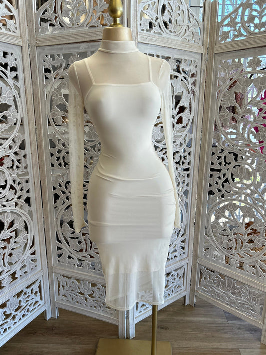 Cream Mesh Mock Neck Midi Dress- Stretchy
