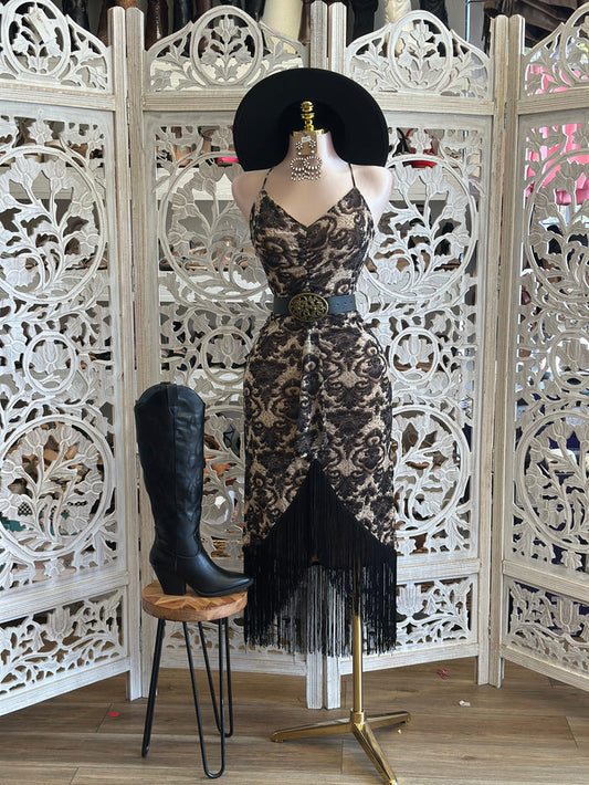 Cross Back Black Lace Dress- Stretchy, Estira