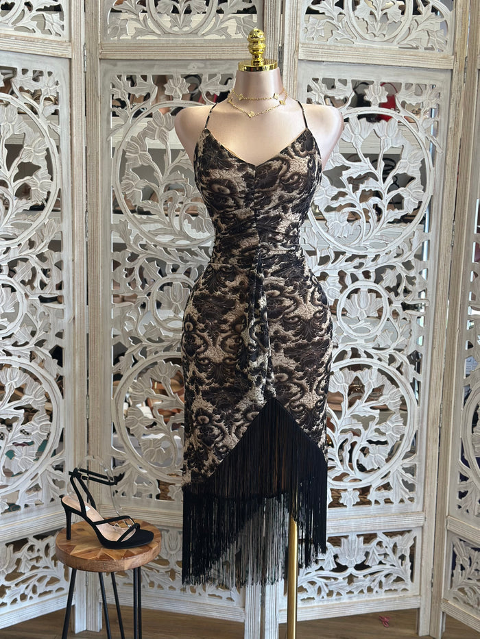 Cross Back Black Lace Dress- Stretchy, Estira