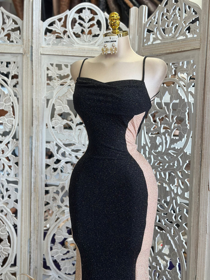 Curvy Lined Glitter Formal Dress- Stretchy,Estira