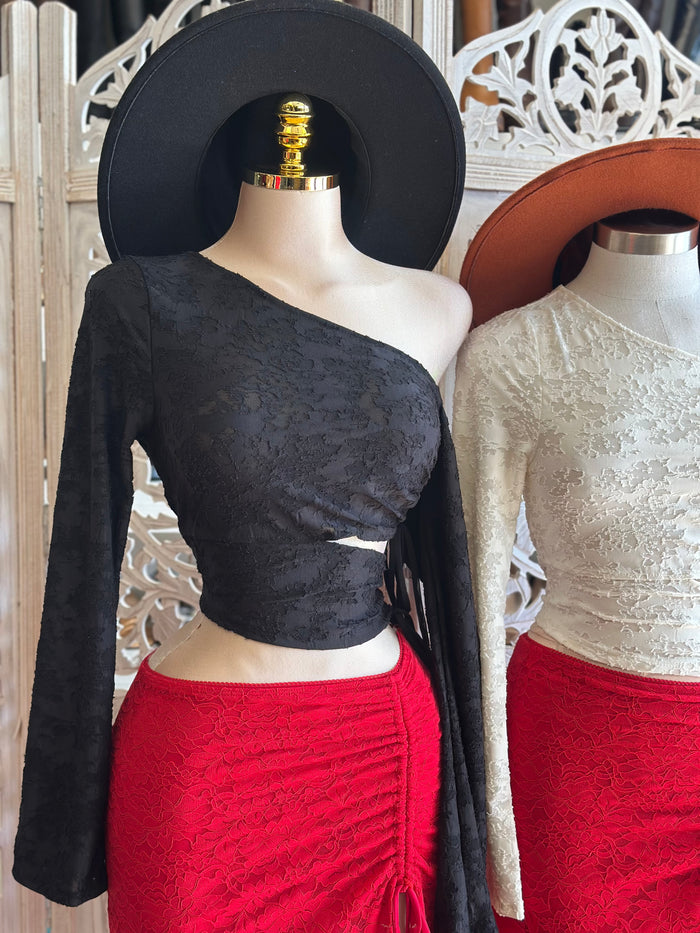 Cutout Asymmetrical Lace Top- Estira, Stretchy