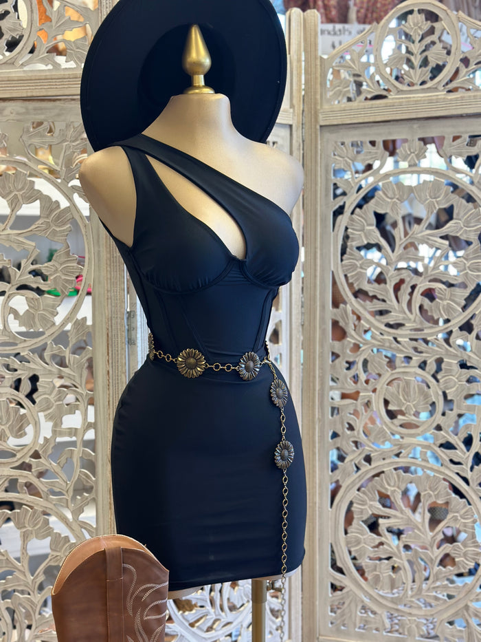 Cutout One Sleeve Black Corset Dress