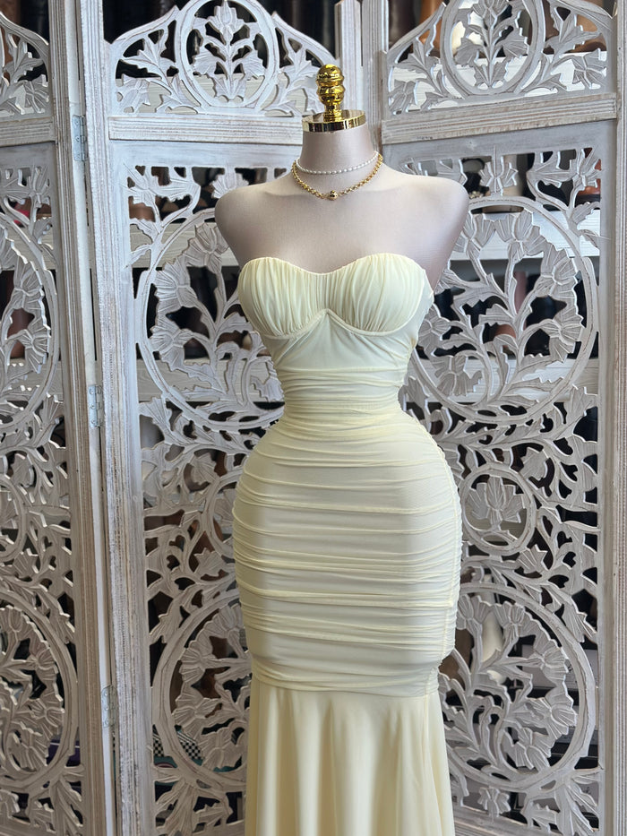 Daisy Yellow Mermaid Strapless Gown -Estira, Stretchy