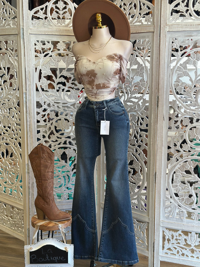Dark Flare Embroidered Jeans-Stretchy Estira