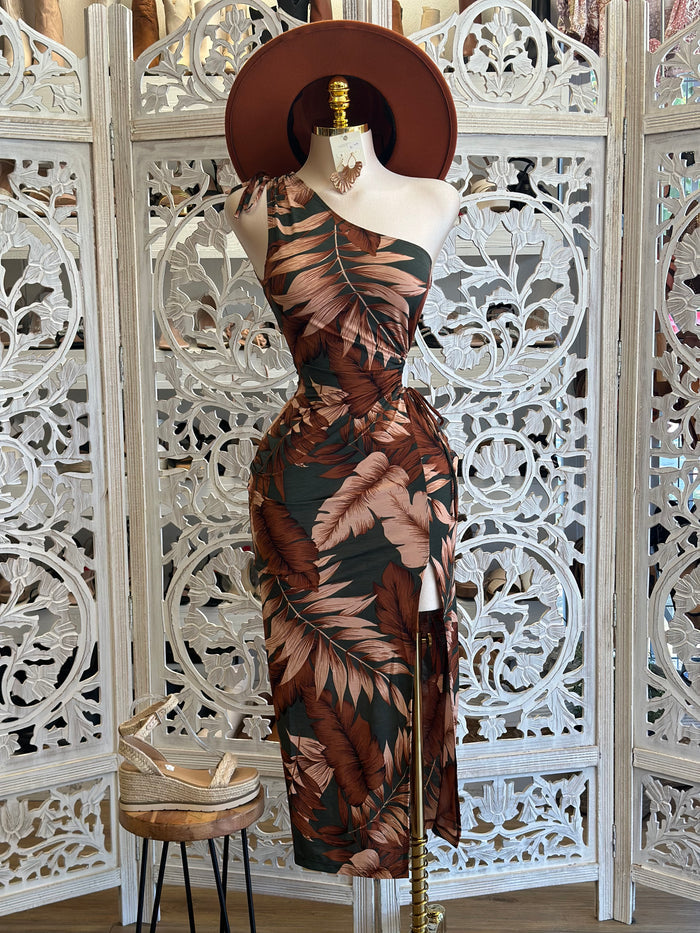 Dark Green Leaf Pattern Cutout Dress - Estira, Stretchy