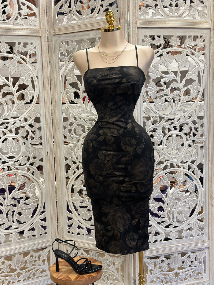Dark Leaf Patter Cami Midi Dress- Stretchy, Estira
