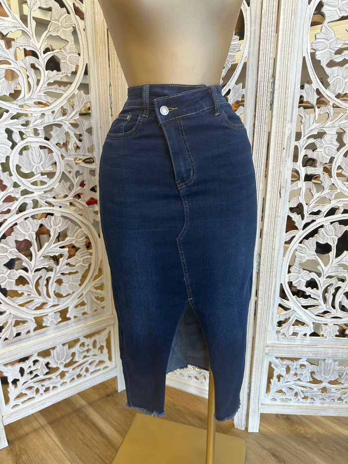 Dark Midi Button Fly Denim Skirt