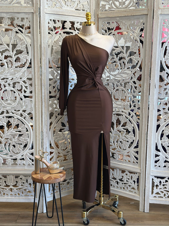 Deep Brown One Sleeve Knotted Dress- Stretchy