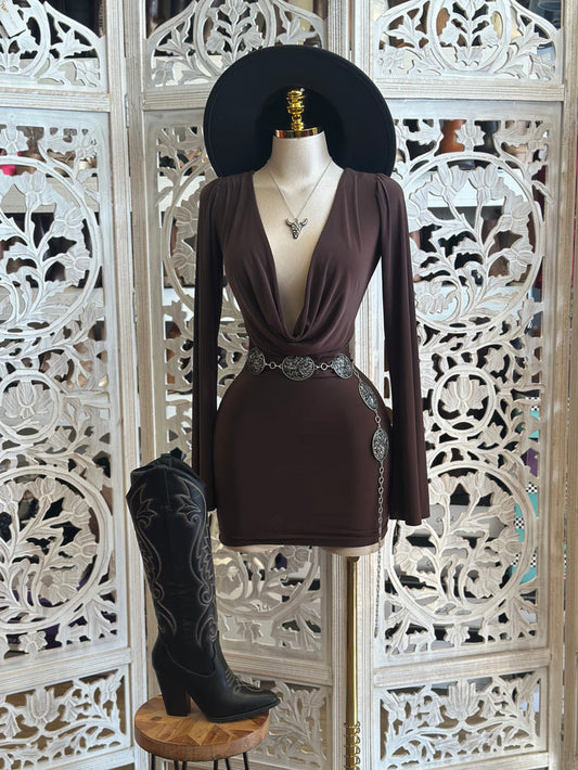 Deep Cowl Neck Mini Brown Dress-Stretchy, Estira