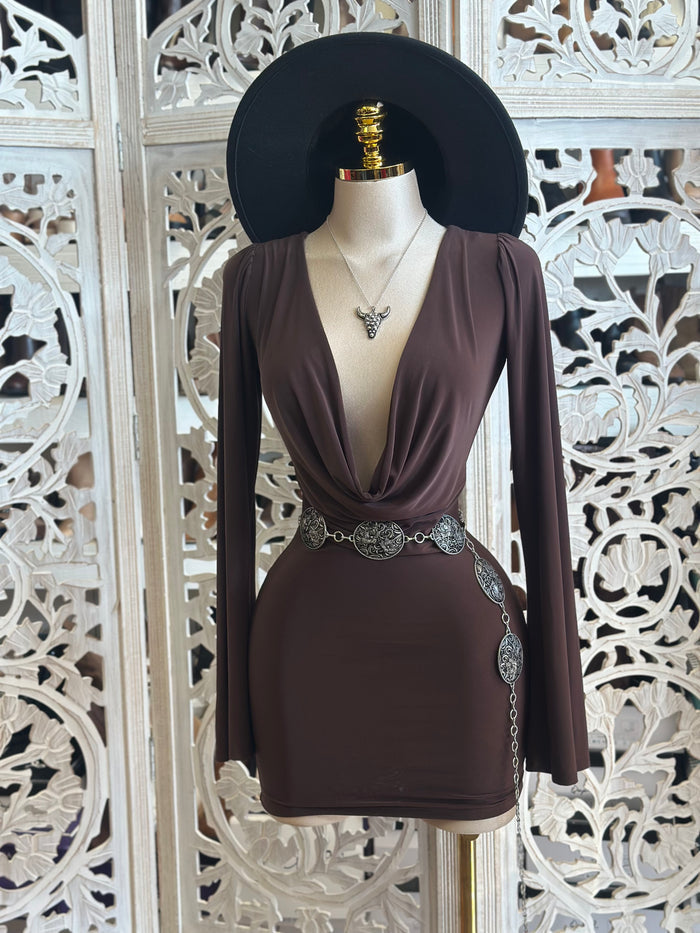 Deep Cowl Neck Mini Brown Dress-Stretchy, Estira