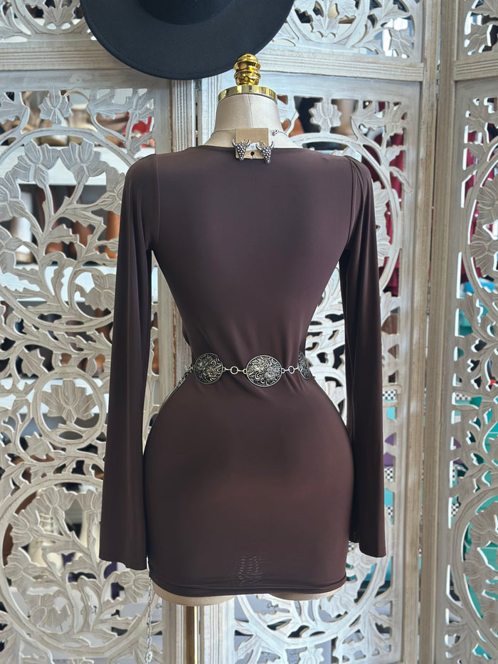 Deep Cowl Neck Mini Brown Dress-Stretchy, Estira