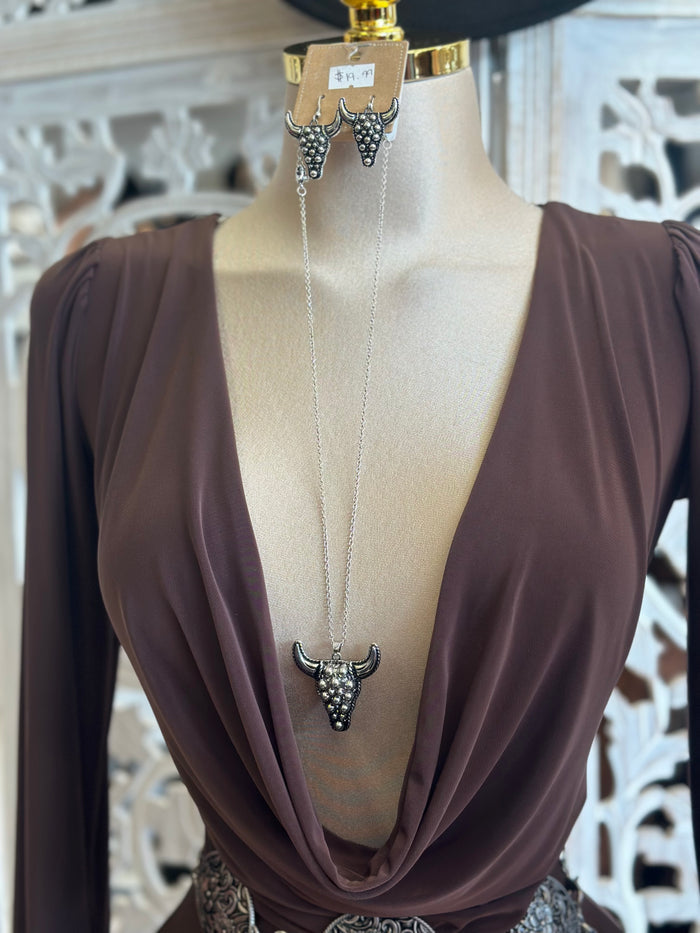 Deep Cowl Neck Mini Brown Dress-Stretchy, Estira