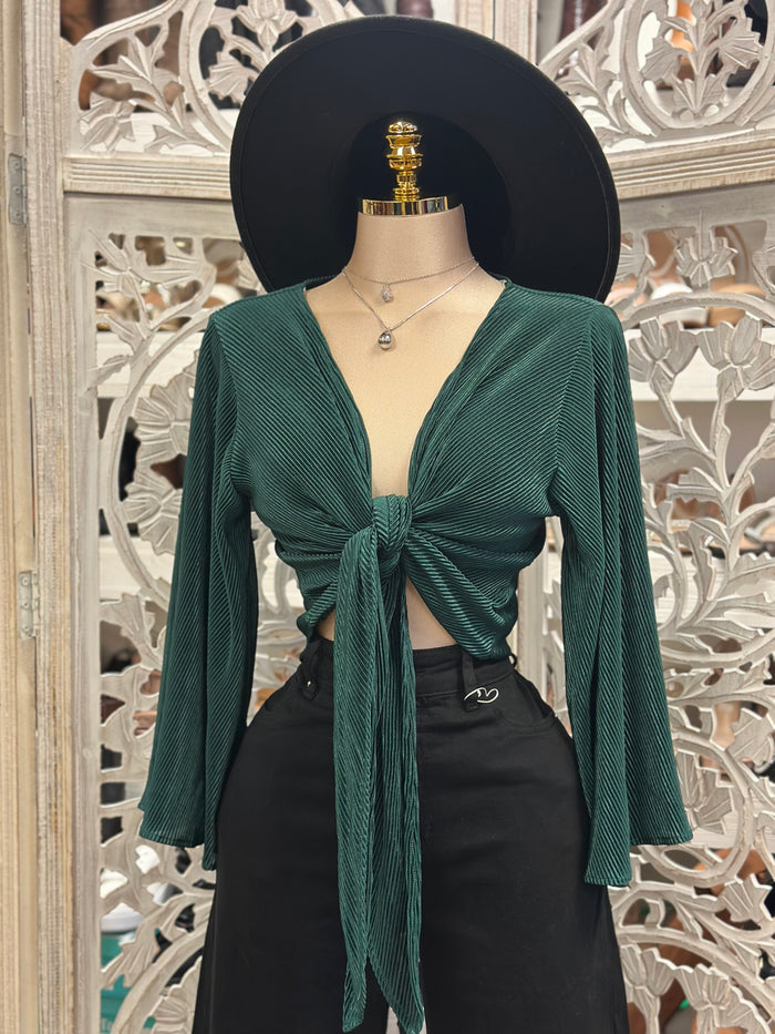 Deep Green  Pleated Knot Blouse- Estira, Stretchy
