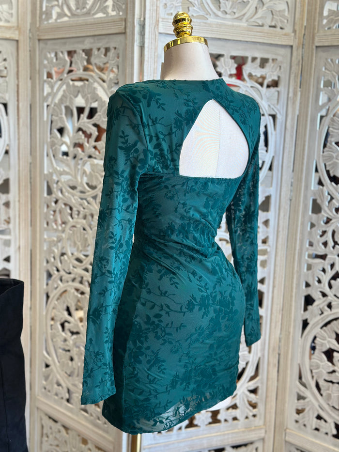 Deep Green Velvet Floral Cutout Mini Dress- Stretchy,Estira