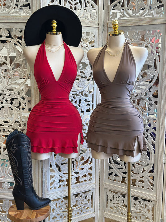Deep Neckline Ruffle Mini Dress - Estira, Stretchy lo
