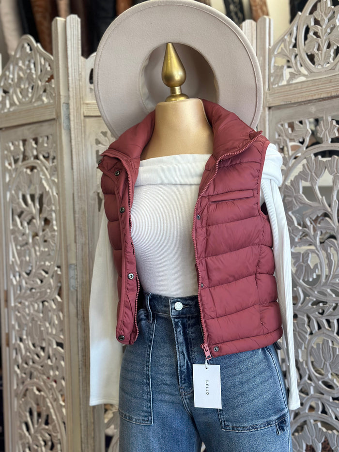Deep Rose Cropped Zip Up Puffer Vest- Stretchy