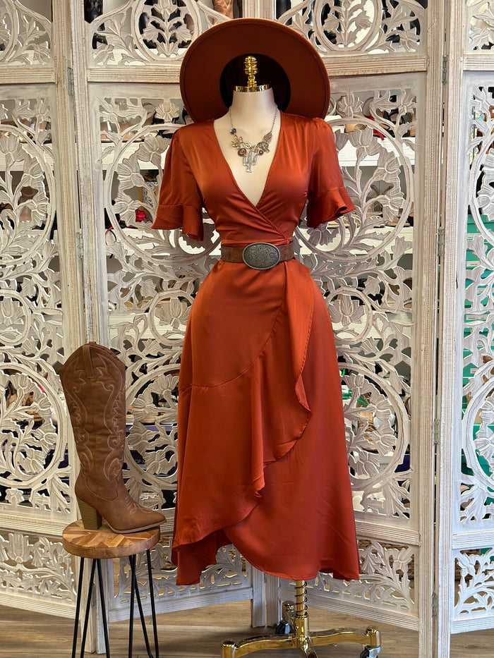 Deep Rust Wrapped Midi Satin Dress- Not Stretchy, No Estira