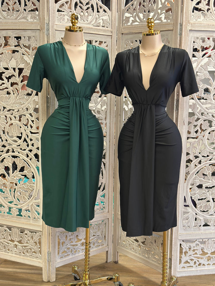 Deep V Midi Dress- Stretchy ,Estira