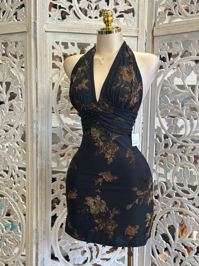 Deep V Open Back Fall Floral Mini Dress - Estira , Stretchy