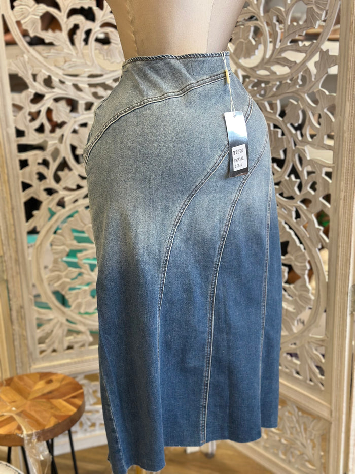 Denim Aymmetrical Rhinestone Midi Skirt-Estira, Stretchy