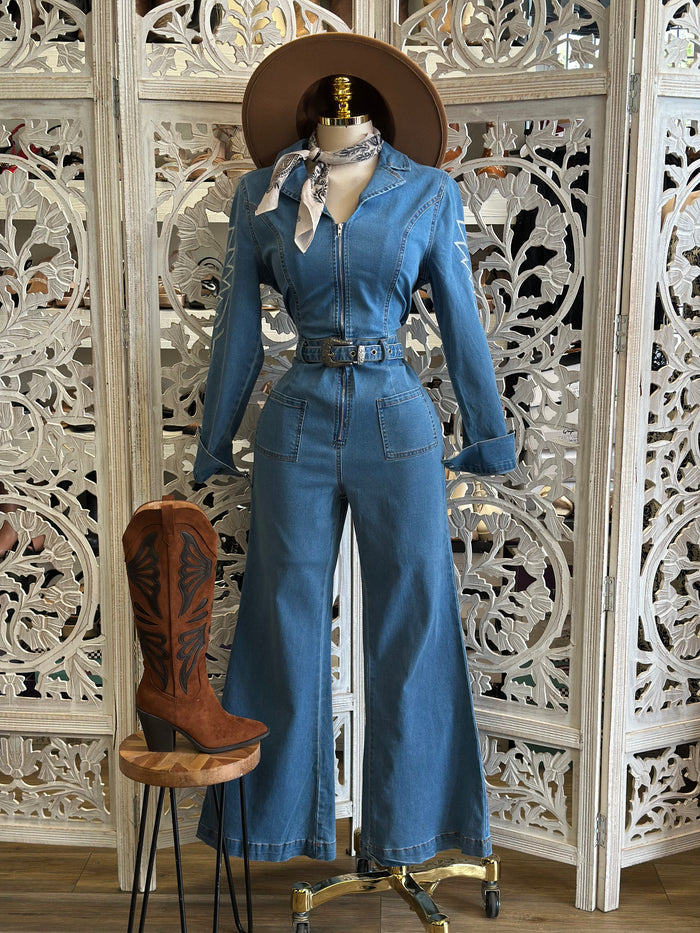 Denim Belt Buckle Embroidered Jumpsuit - Slightly Stretchy,Estira Poco