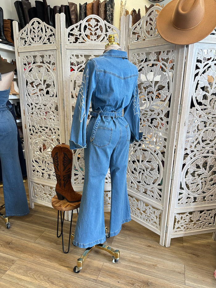 Denim Belt Buckle Embroidered Jumpsuit - Slightly Stretchy,Estira Poco