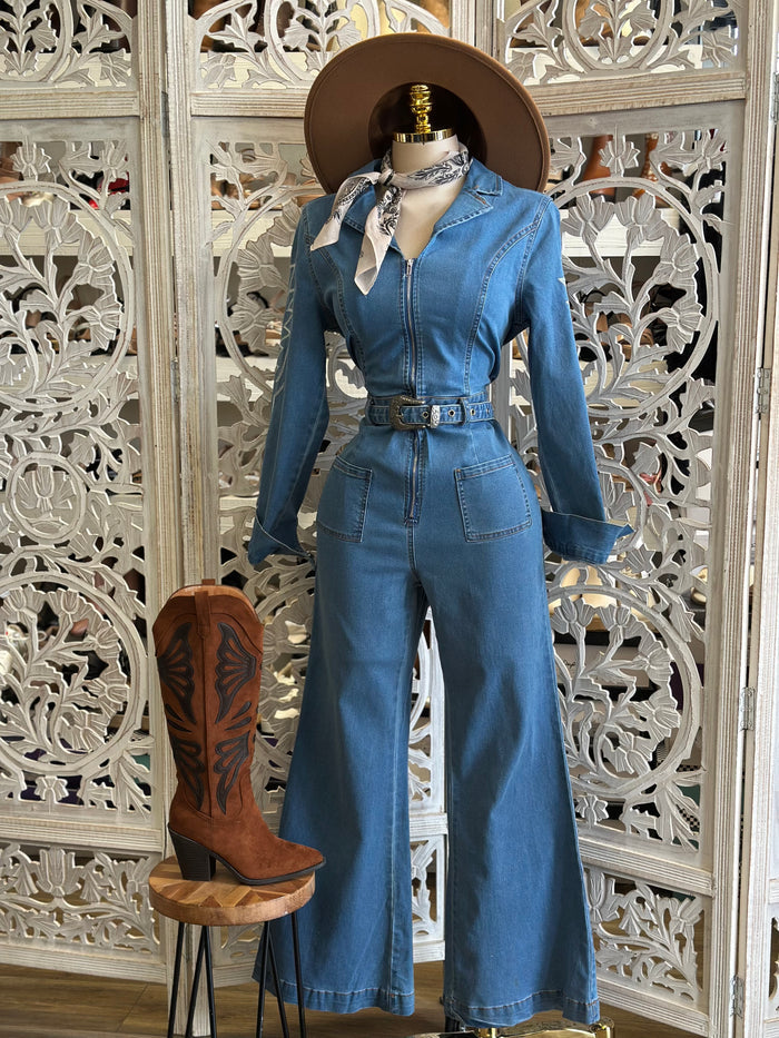 Denim Belt Buckle Embroidered Jumpsuit - Slightly Stretchy,Estira Poco