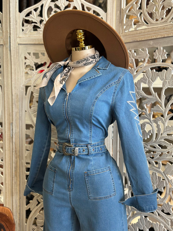 Denim Belt Buckle Embroidered Jumpsuit - Slightly Stretchy,Estira Poco