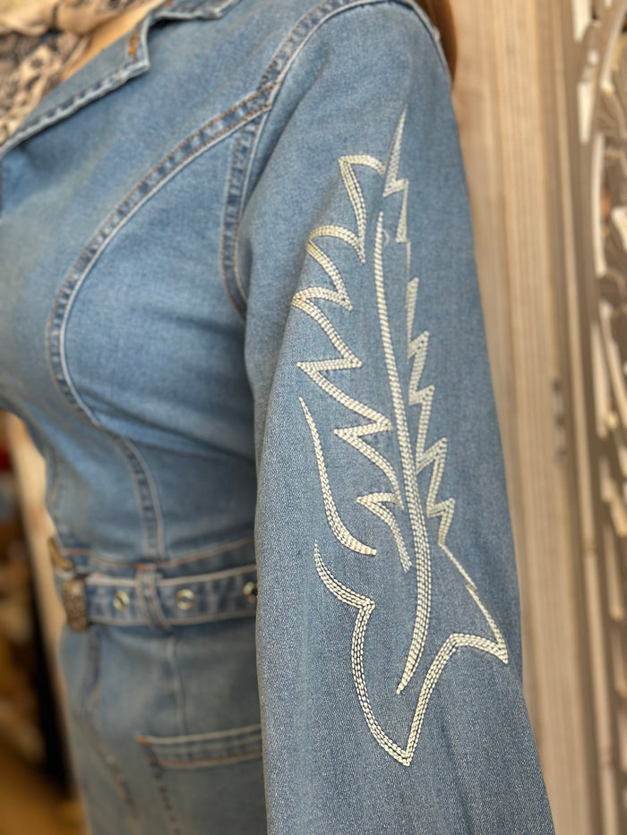 Denim Belt Buckle Embroidered Jumpsuit - Slightly Stretchy,Estira Poco