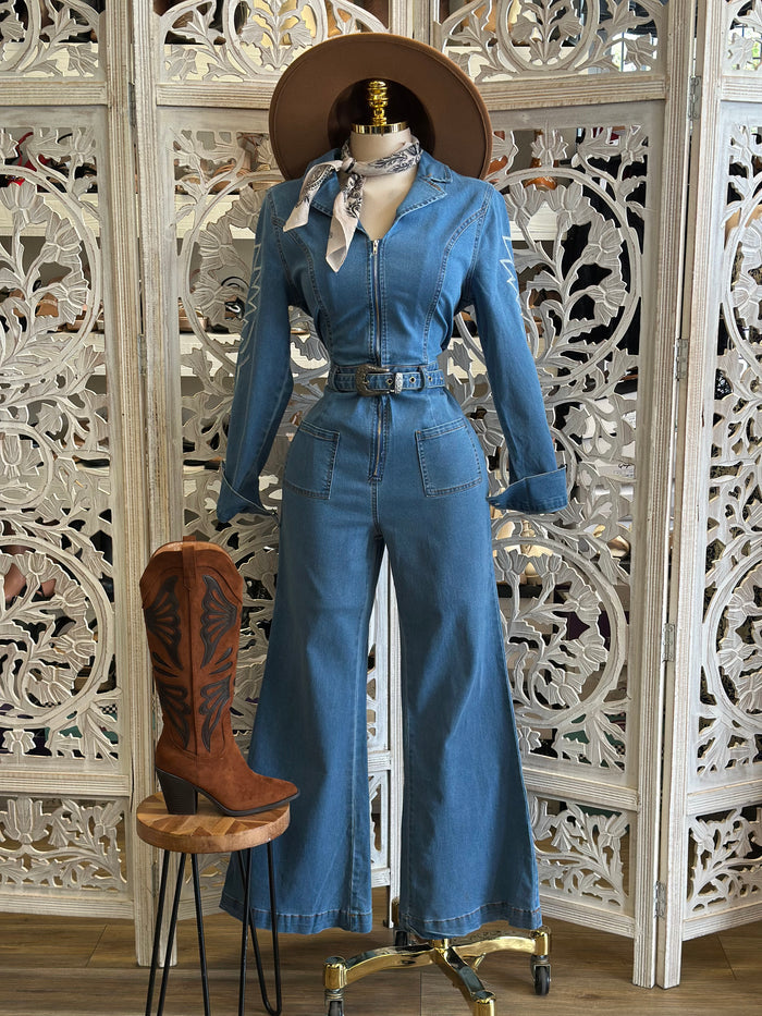 Denim Belt Buckle Embroidered Jumpsuit - Slightly Stretchy,Estira Poco