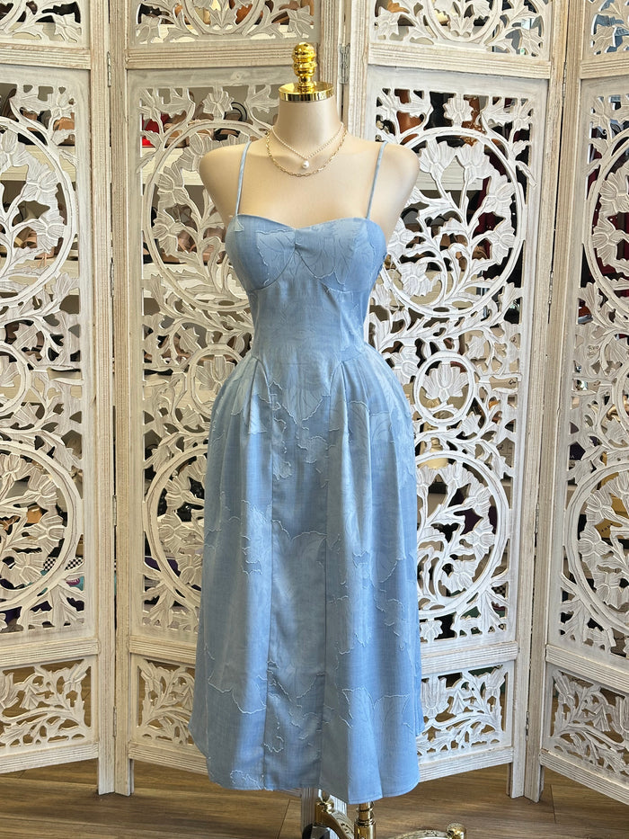 Denim Blue Floral Midi Dress-Stretchy, Estira