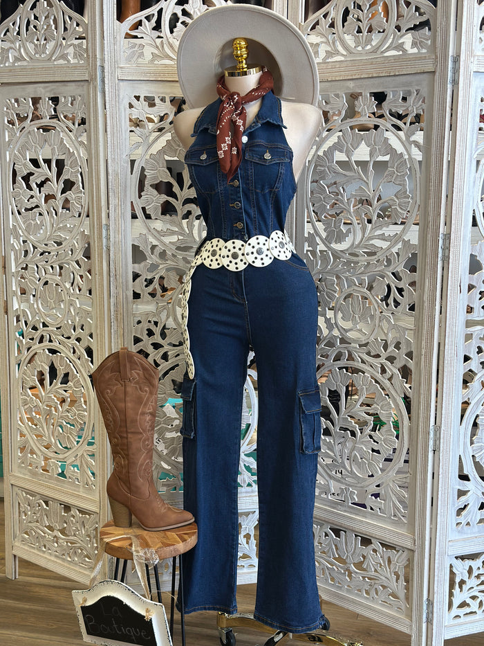 Denim Collard Sleeveless Jumpsuit - Stretchy,Estira