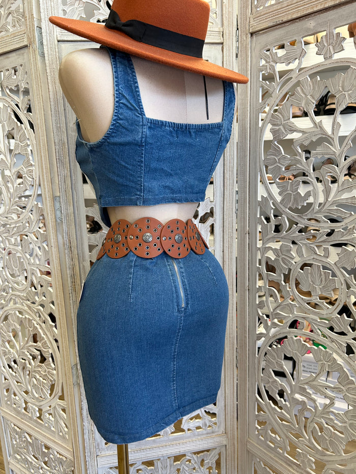 Denim Corset Zip Up Set - Estira Poco, Slightly Stretchy