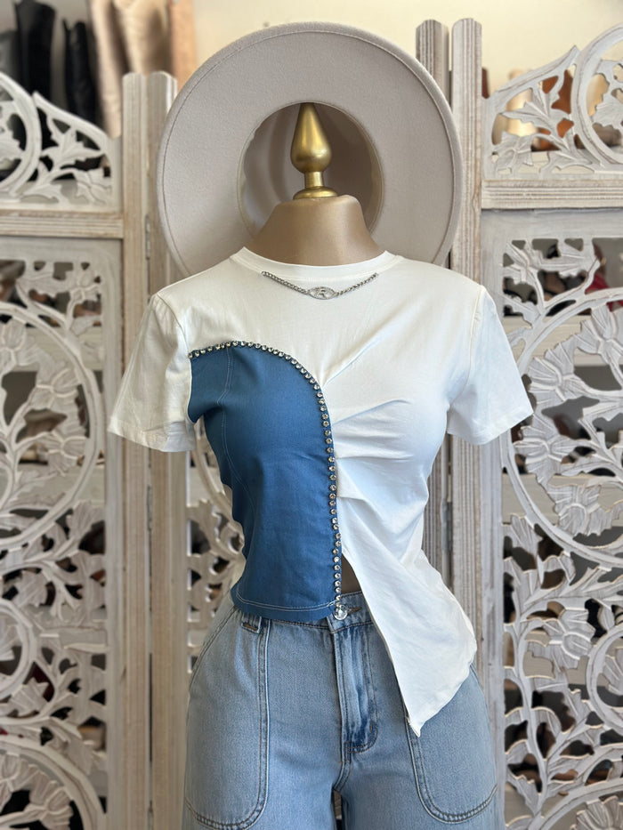 Denim Cutout Split T Shirt - Estira, Stretchy